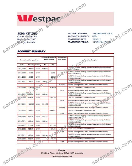 Australia Westpac bank statement xls